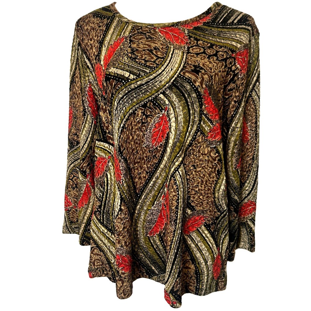 Peter Nygard Women L  Brown Gold Abstract  Paisley Red Leaf 3/4 Sleeve Top